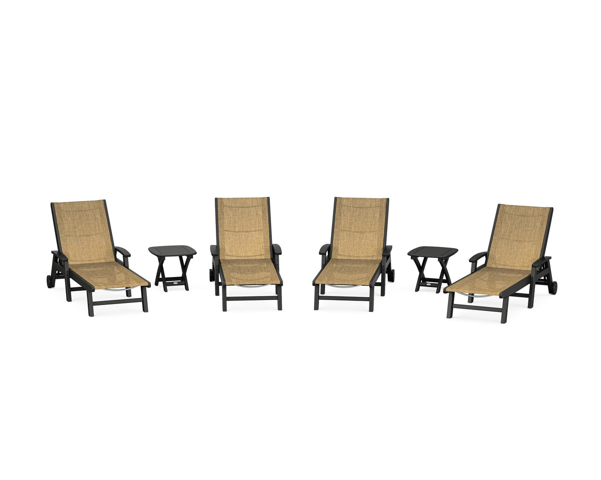 POLYWOOD Coastal Chaise 6-Piece Set with Wheels in Black / Burlap