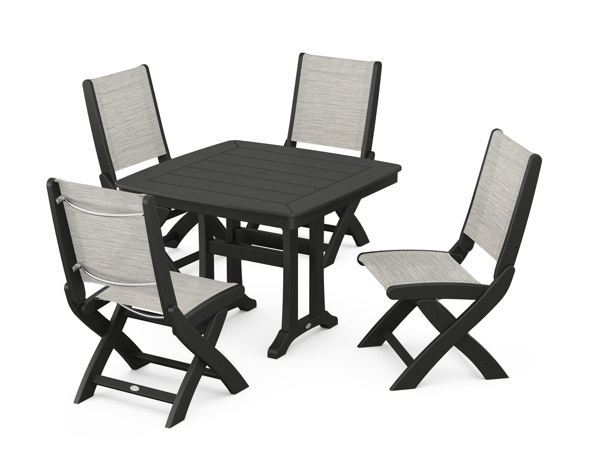 POLYWOOD Coastal Folding Side Chair 5-Piece Dining Set with Trestle Legs in Black / Birch
