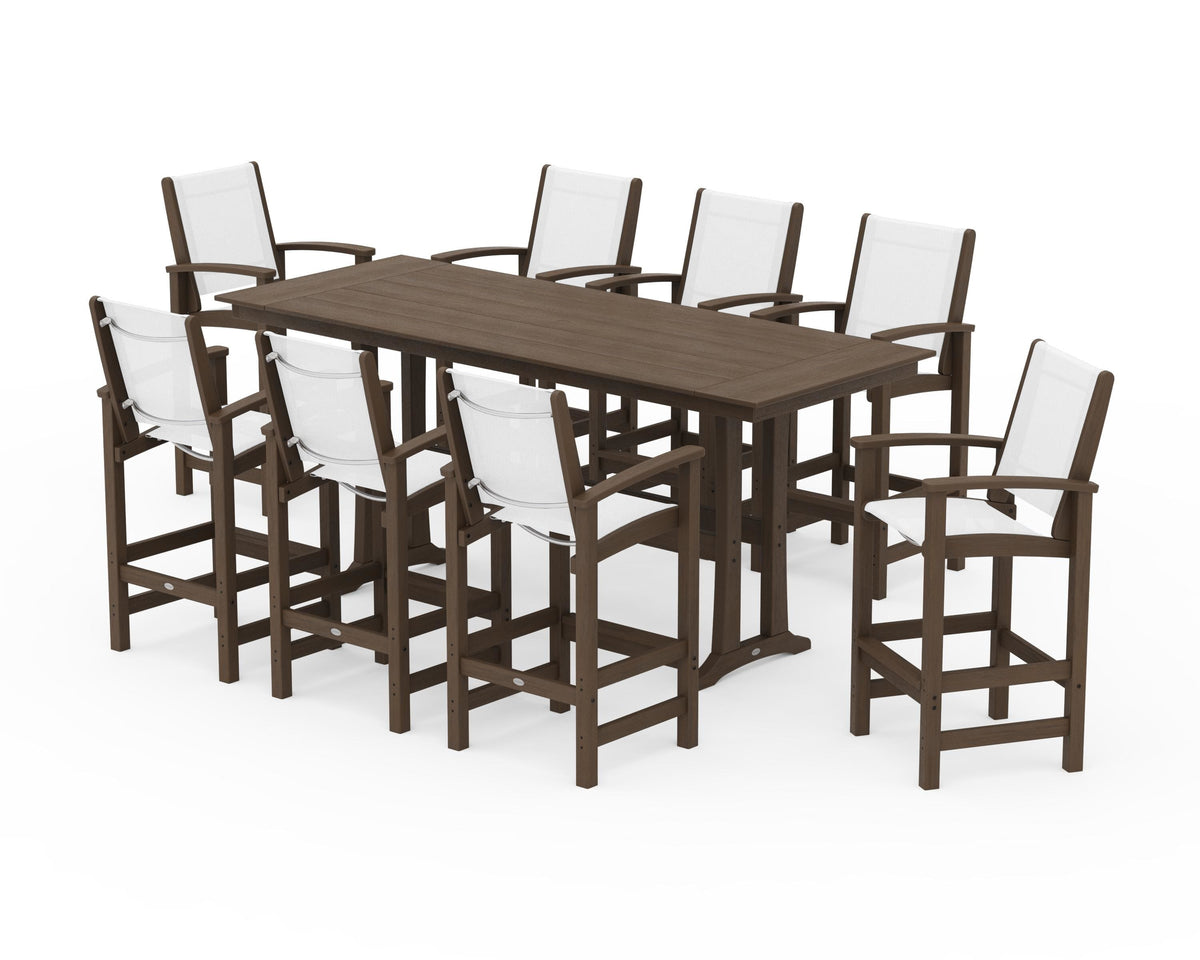 POLYWOOD Coastal 9-Piece Farmhouse Bar Set with Trestle Legs in Kona / White