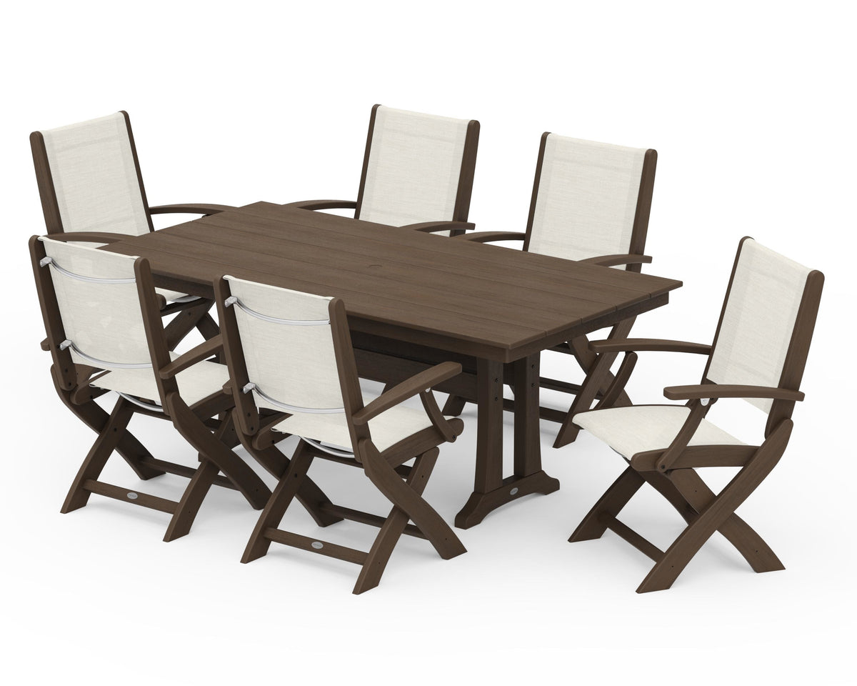 POLYWOOD Coastal Folding Arm Chair 7-Piece Farmhouse Dining Set with Trestle Legs in Kona / Parchment