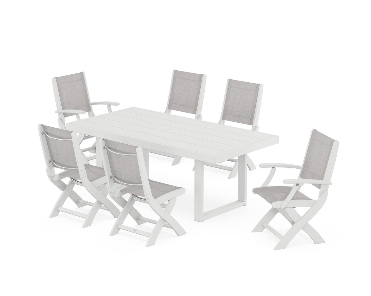 POLYWOOD Coastal Folding Chair 7-Piece Dining Set with Trestle Legs with EDGE 40" x 78" Dining Table in White / Parchment