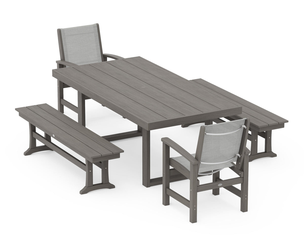 POLYWOOD Coastal 5-Piece Dining Set with Trestle Legs with EDGE 40" x 78" Dining Table in Driftwood / Metallic