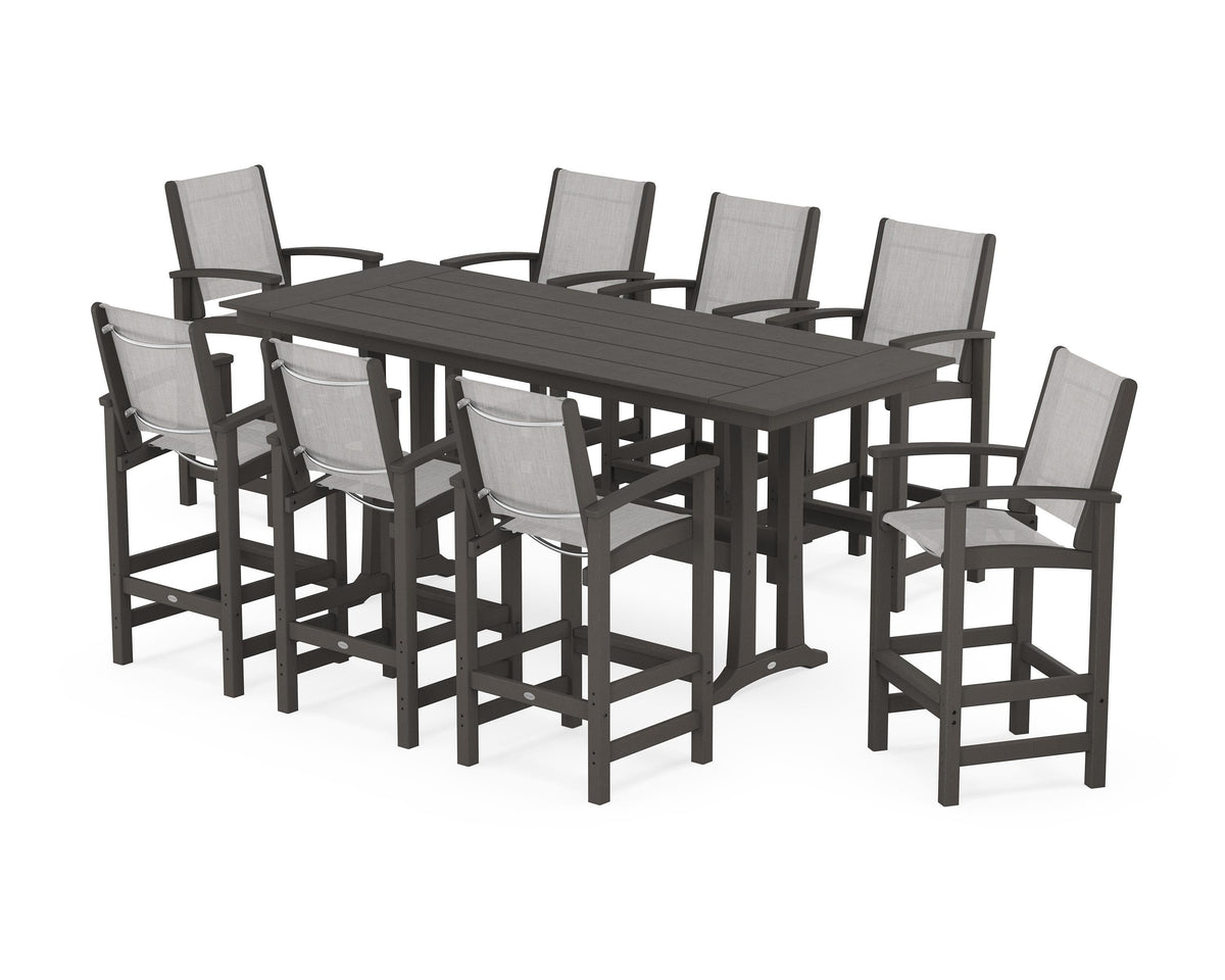POLYWOOD Coastal 9-Piece Farmhouse Bar Set with Trestle Legs in Vintage Coffee / Parchment