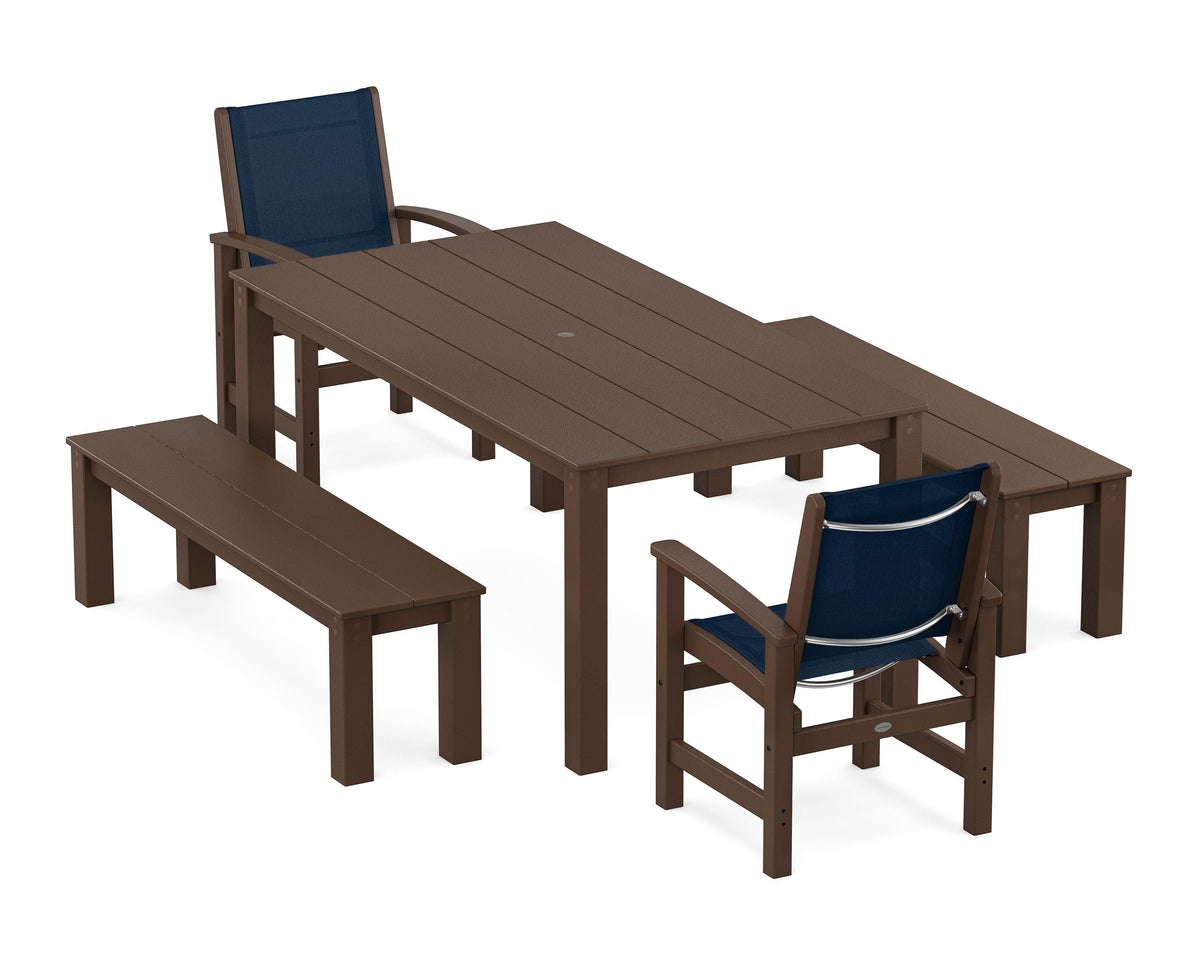 POLYWOOD Coastal 5-Piece Parsons Dining Set with Benches in Mahogany / Navy Blue