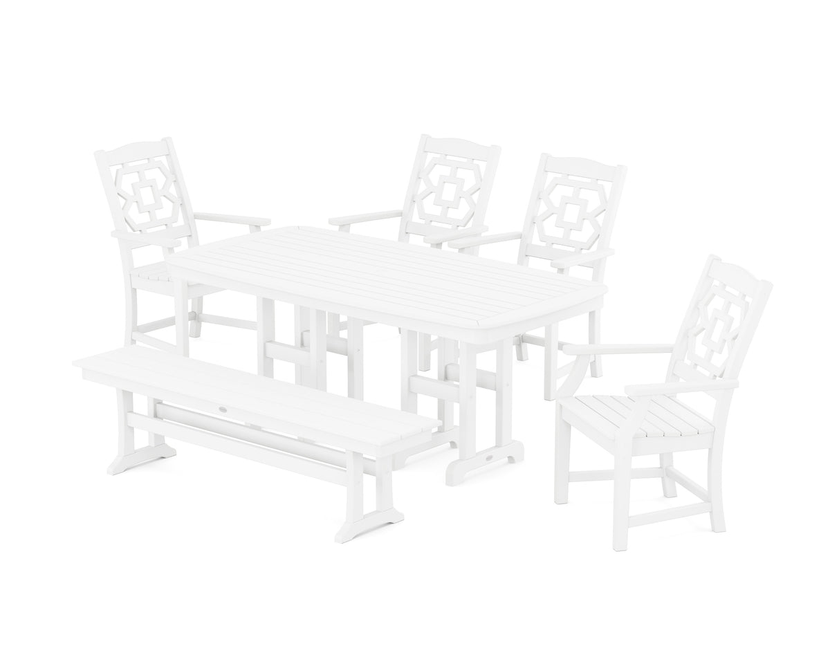 POLYWOOD Chinoiserie 6-Piece Dining Set with Bench in White
