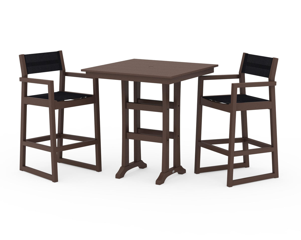 POLYWOOD EDGE Sling Arm Chair 3-Piece Farmhouse Bar Set with Trestle Legs in Mahogany / Black