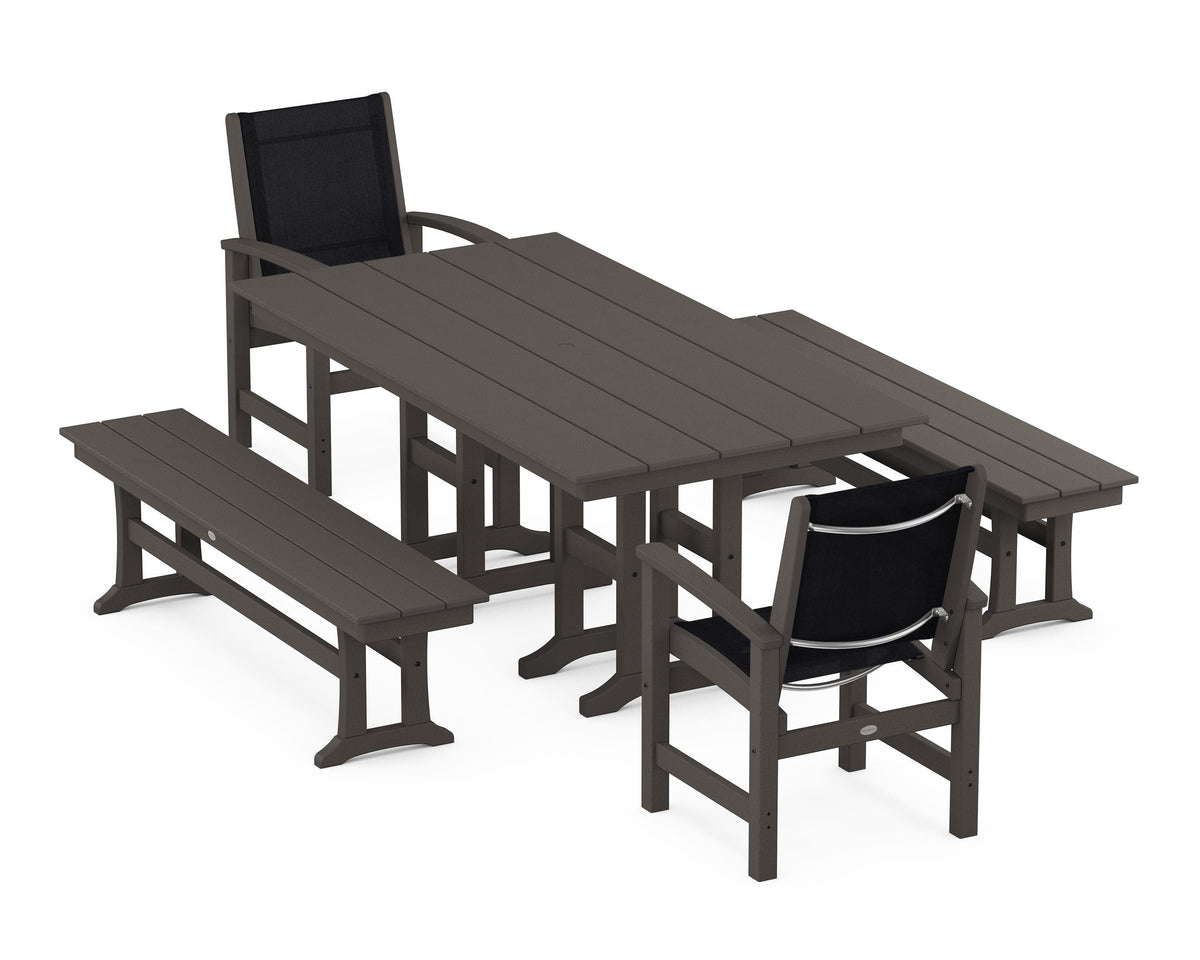 POLYWOOD Coastal 5-Piece Farmhouse Dining Set with Farmhouse 37" x 72" Dining Table in Vintage Coffee / Black