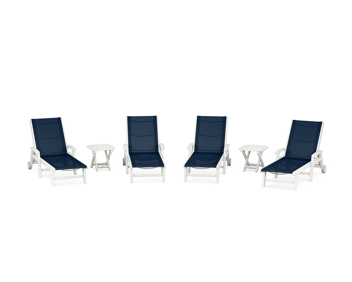 POLYWOOD Coastal Chaise 6-Piece Set with Wheels in Vintage White / Navy Blue