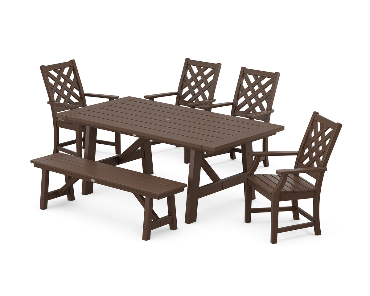 POLYWOOD Wovendale 6-Piece Rustic Farmhouse Dining Set with Bench in Mahogany