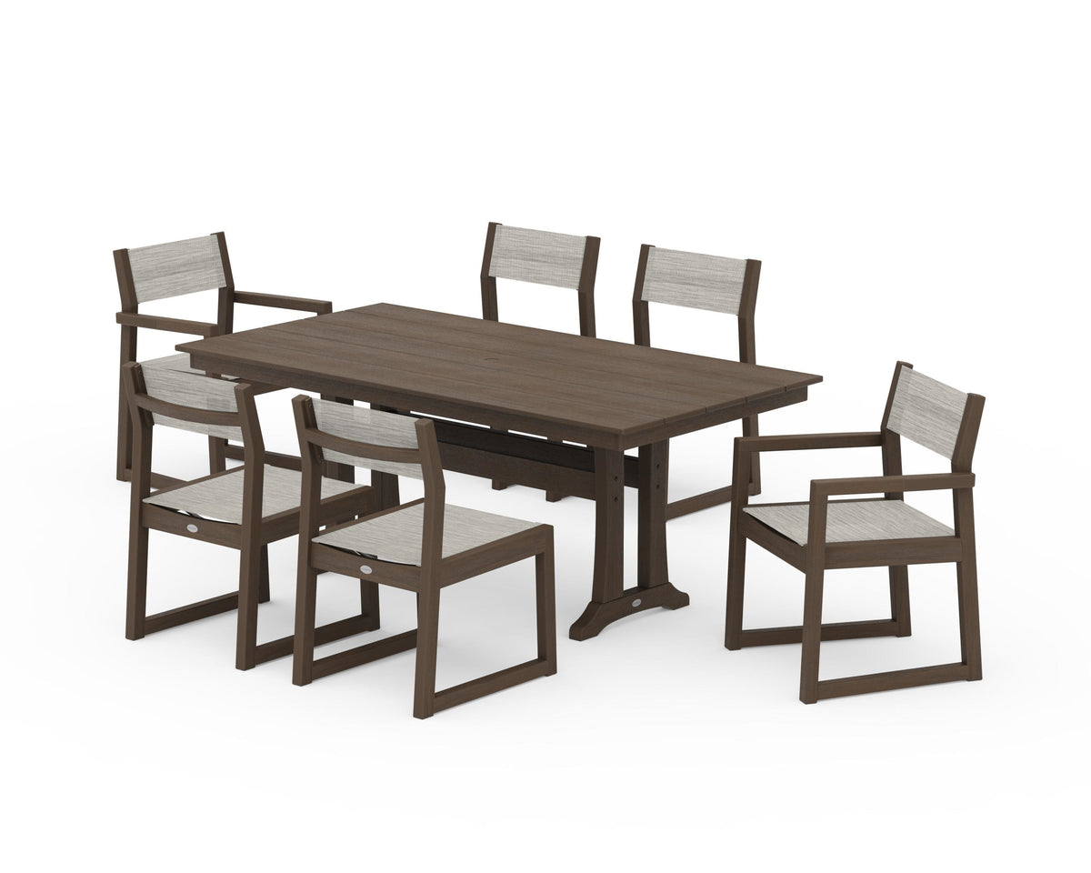 POLYWOOD EDGE Sling 7-Piece Farmhouse Trestle Dining Set in Kona / Birch