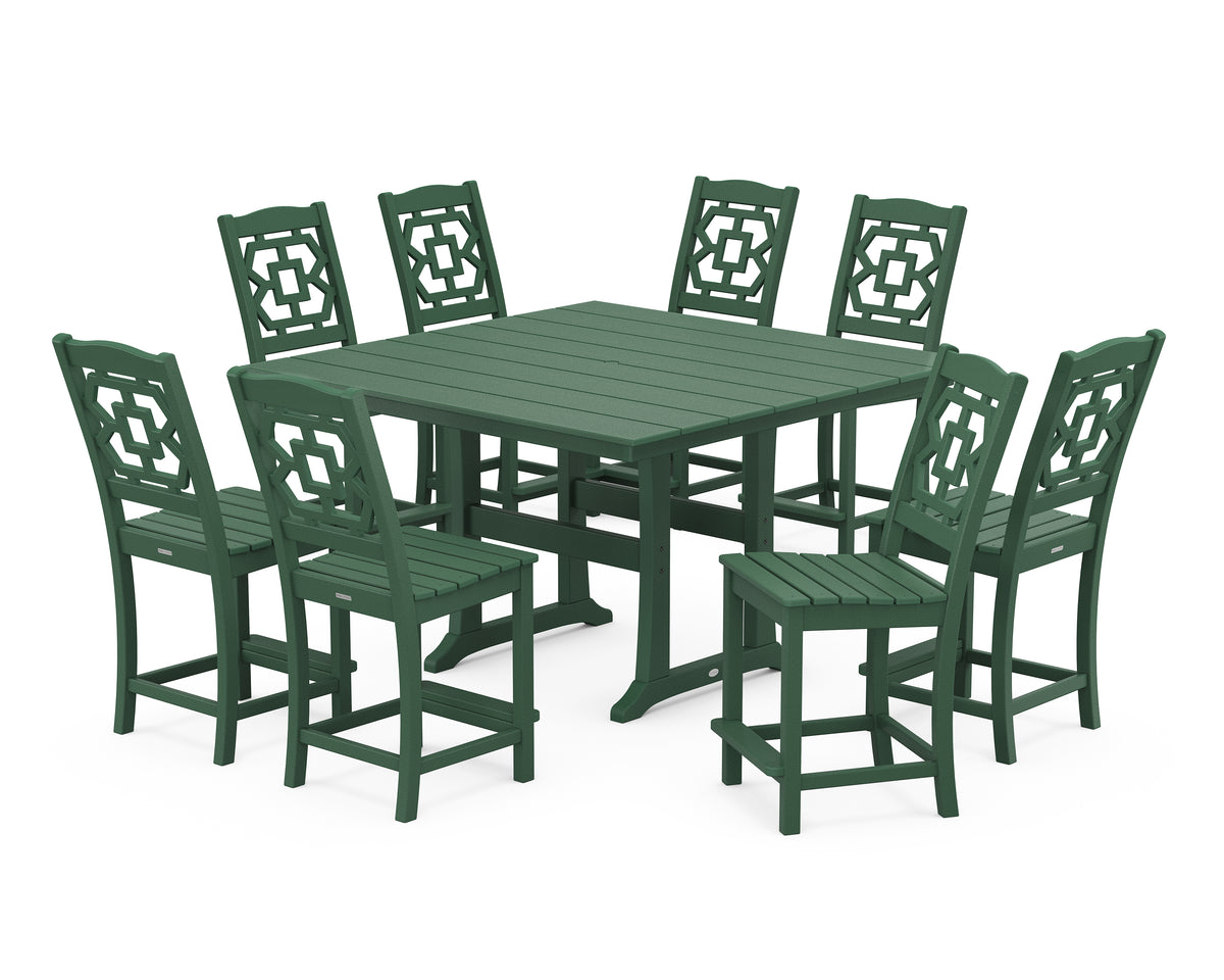 POLYWOOD Chinoiserie 9-Piece Square Farmhouse Side Chair Counter Set with Trestle Legs in Green