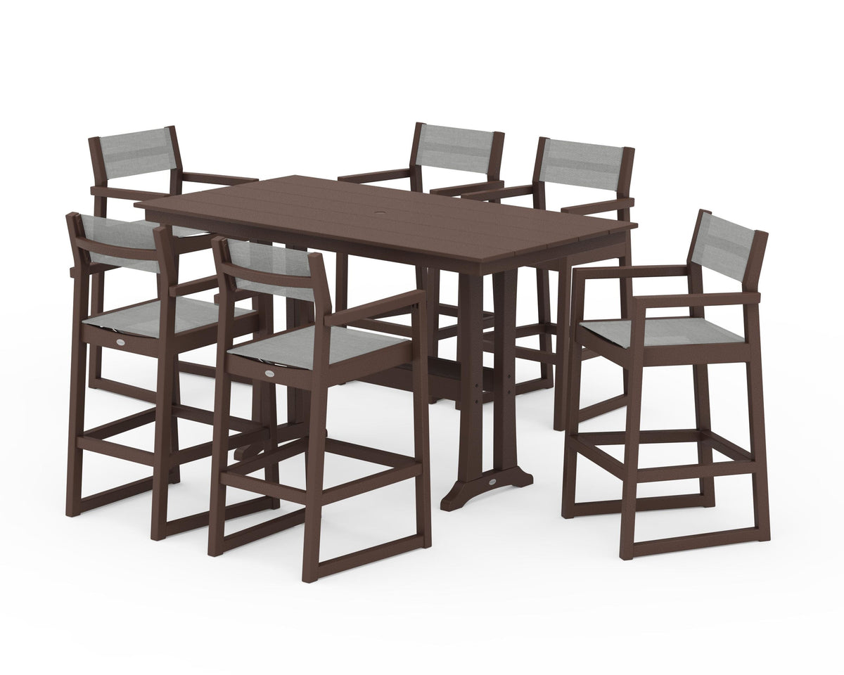 POLYWOOD EDGE Sling Arm Chair 7-Piece Farmhouse Bar Set with Trestle Legs in Mahogany / Metallic