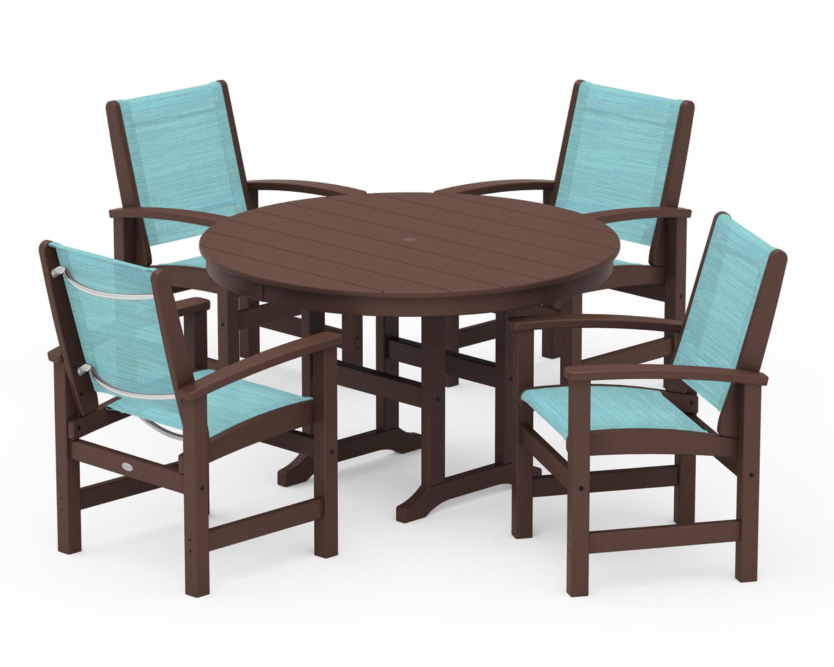 POLYWOOD Coastal 5-Piece Round Farmhouse Dining Set in Mahogany / Dupioni Aquamarine