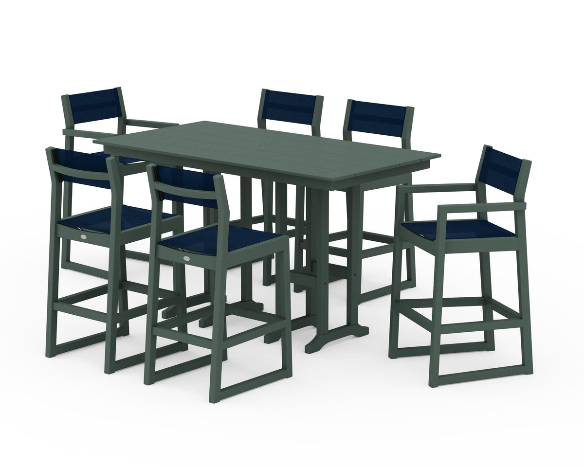 POLYWOOD EDGE Sling 7-Piece Farmhouse Bar Set in Green / Navy Blue