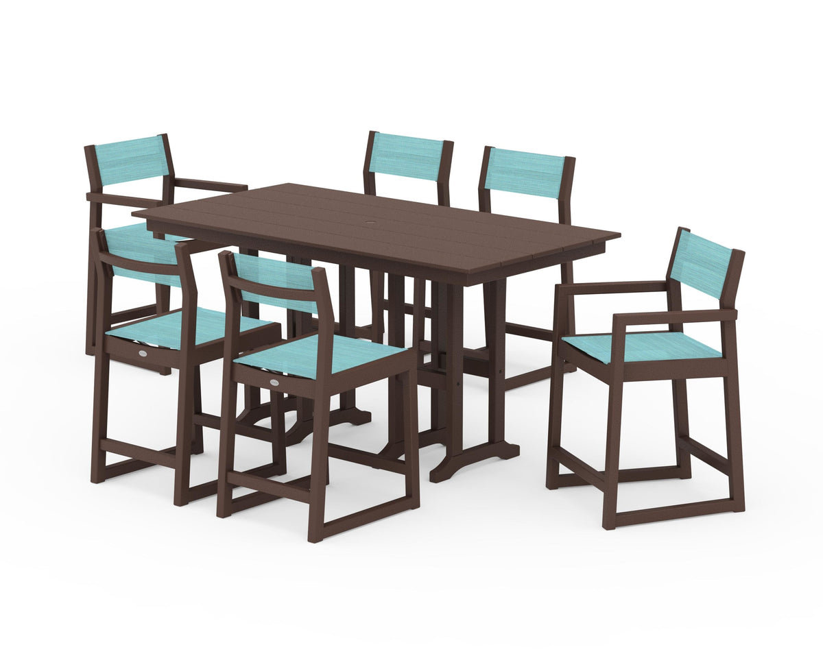 POLYWOOD EDGE Sling 7-Piece Farmhouse Counter Set with Trestle Legs in Mahogany / Dupioni Aquamarine