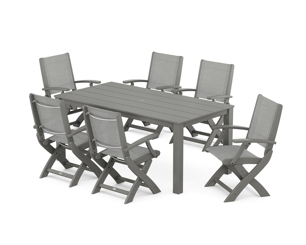 POLYWOOD Coastal Folding Chair 7-Piece Parsons Dining Set in Slate Grey / Metallic