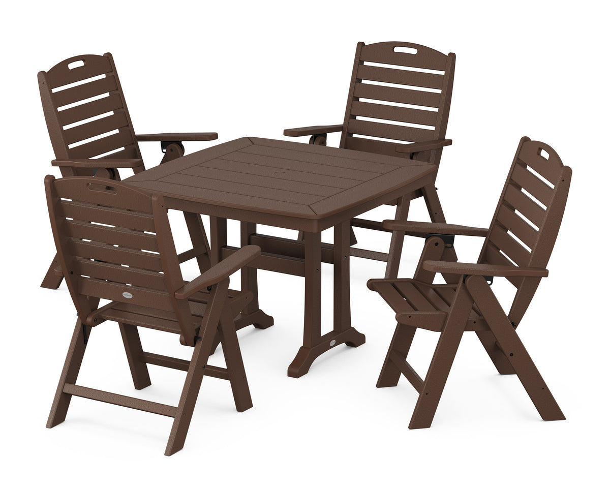 POLYWOOD Nautical Folding Highback Chair 5-Piece Dining Set with Trestle Legs in Mahogany