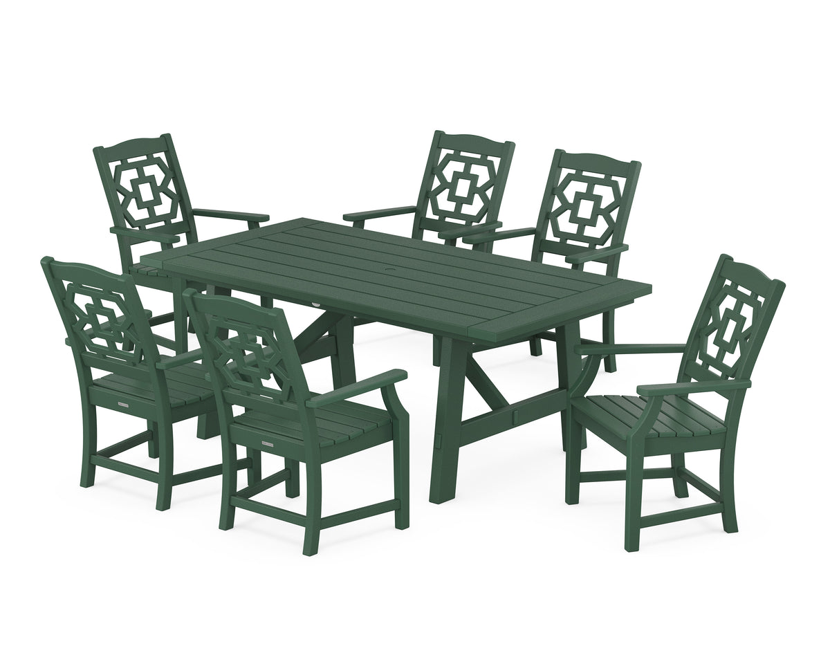 POLYWOOD Chinoiserie Arm Chair 7-Piece Rustic Farmhouse Dining Set in Green