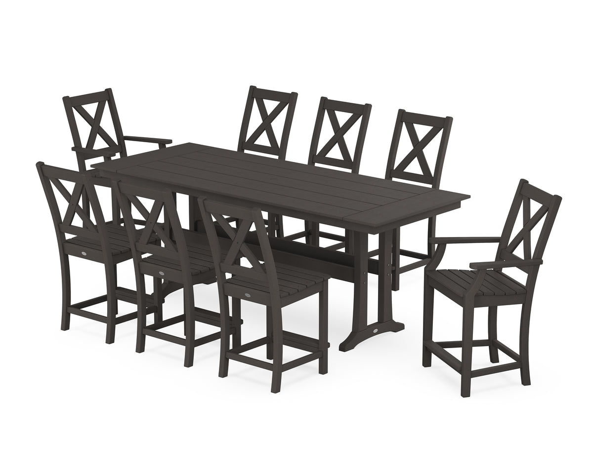 POLYWOOD Braxton 9-Piece Farmhouse Counter Set with Trestle Legs in Vintage Coffee