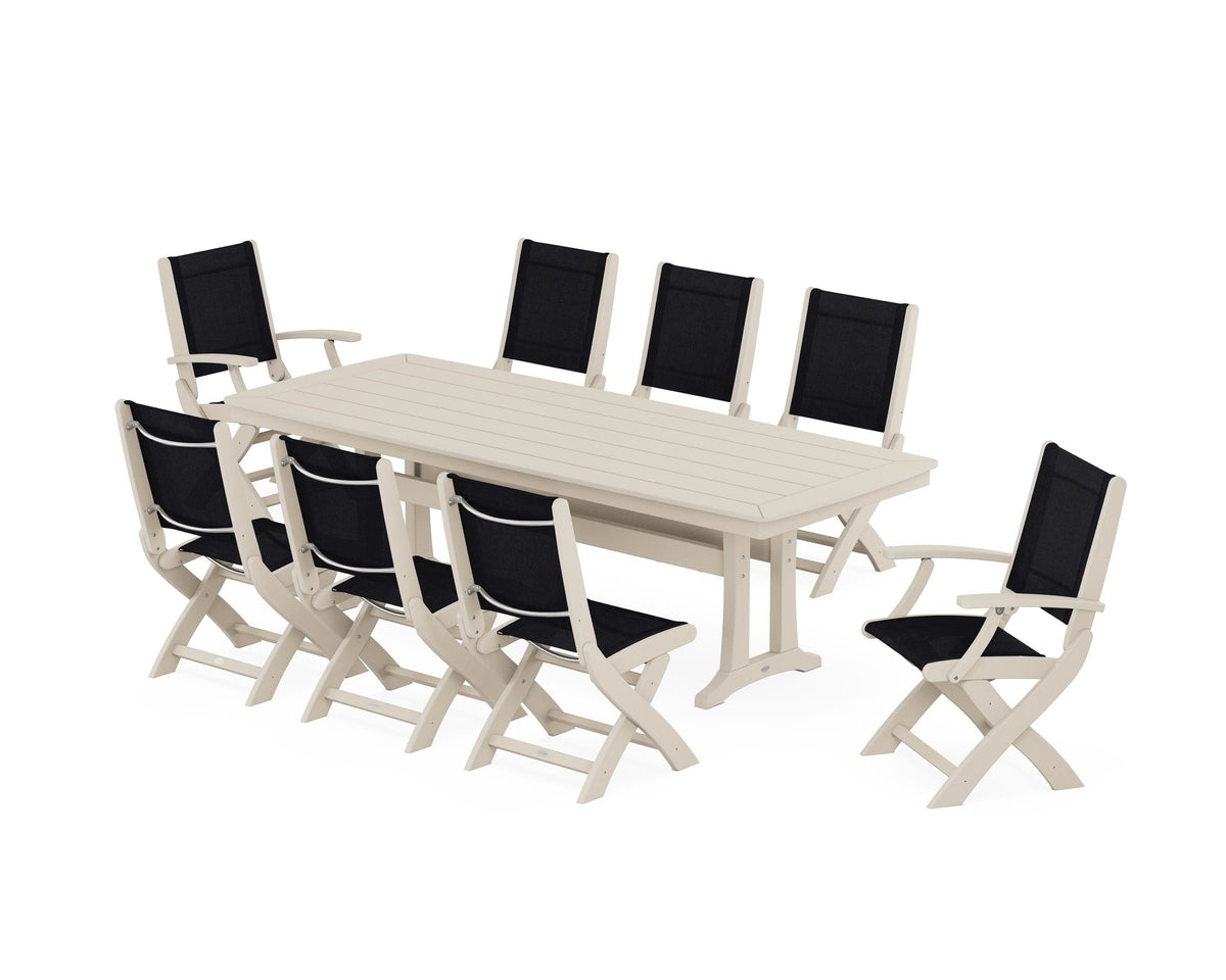 POLYWOOD Coastal Folding 9-Piece Dining Set with Trestle Legs in Sand / Black