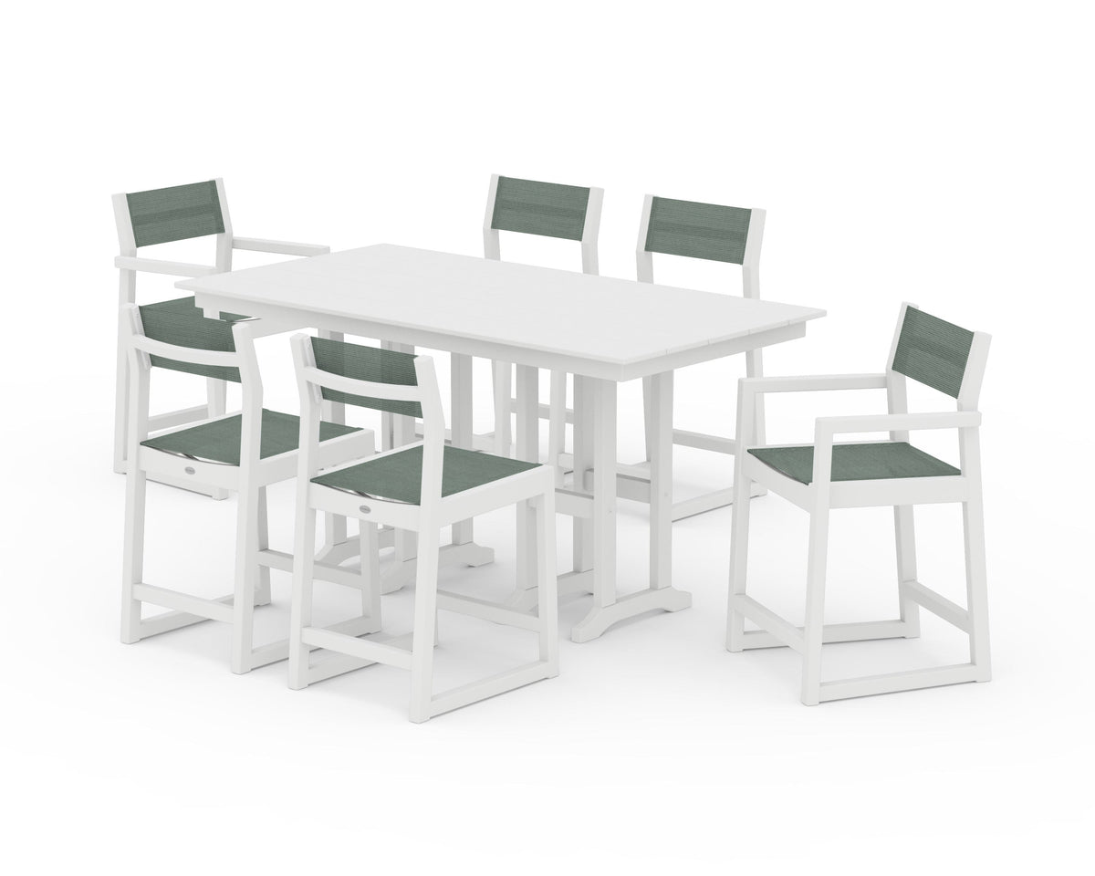 POLYWOOD EDGE Sling 7-Piece Farmhouse Counter Set with Trestle Legs in White / Dupioni Sea Mist