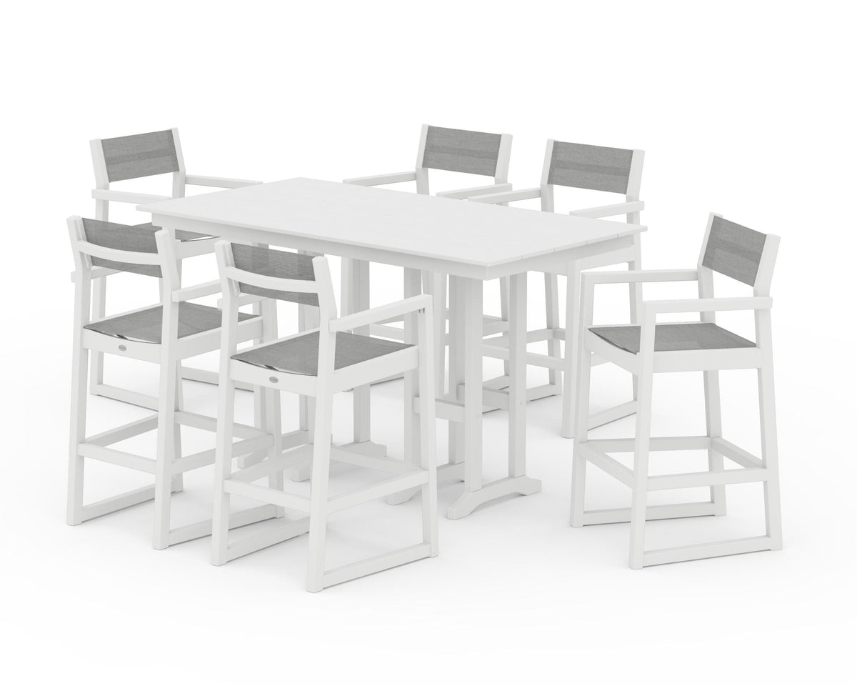 POLYWOOD EDGE Sling Arm Chair 7-Piece Farmhouse Bar Set in White / Metallic