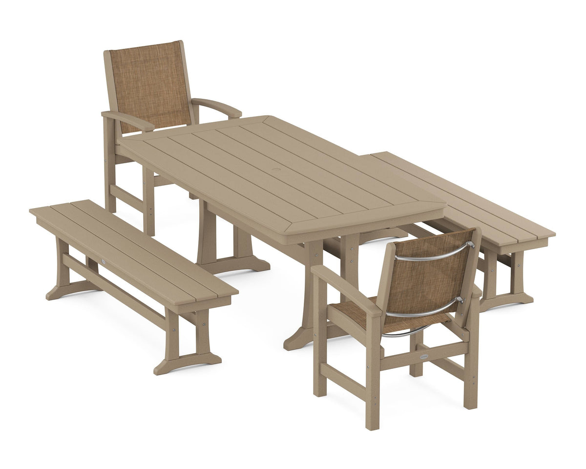 POLYWOOD Coastal 5-Piece Dining Set with Trestle Legs and Benches in Vintage Sahara / Burlap