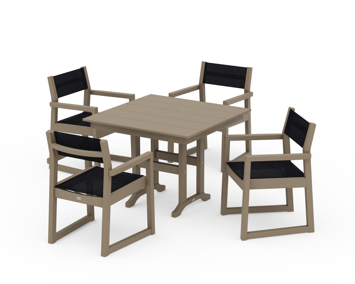 POLYWOOD EDGE Sling Arm Chair 5-Piece Farmhouse Dining Set in Vintage Sahara / Black