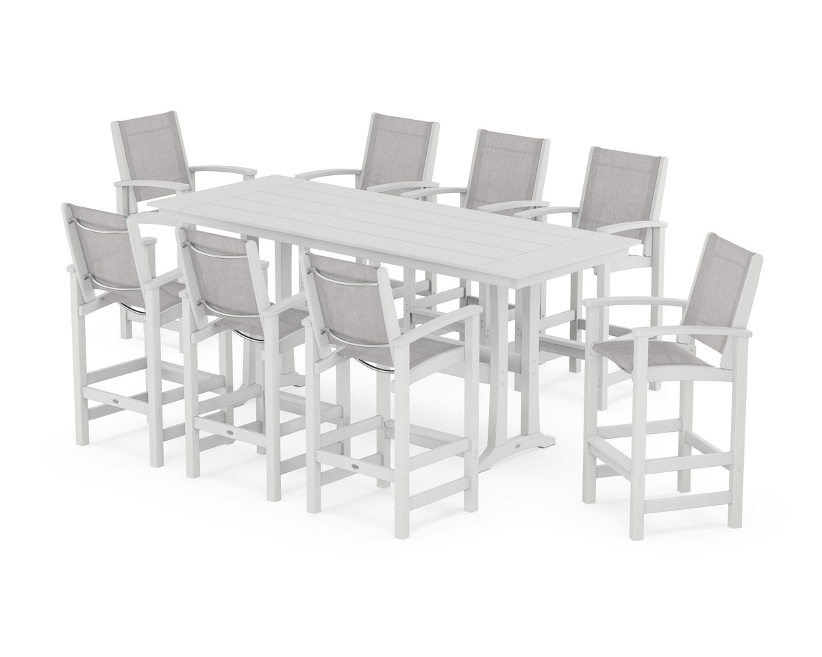 POLYWOOD Coastal 9-Piece Farmhouse Bar Set with Trestle Legs in White / Parchment