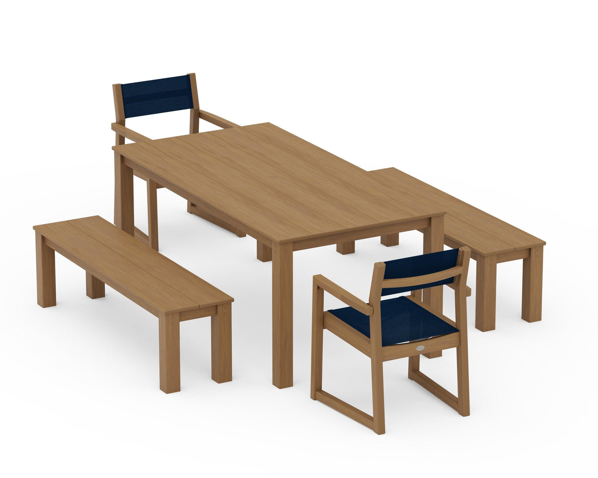 POLYWOOD EDGE Sling Arm Chair 5-Piece Parsons Dining Set with Benches in Natural / Navy Blue