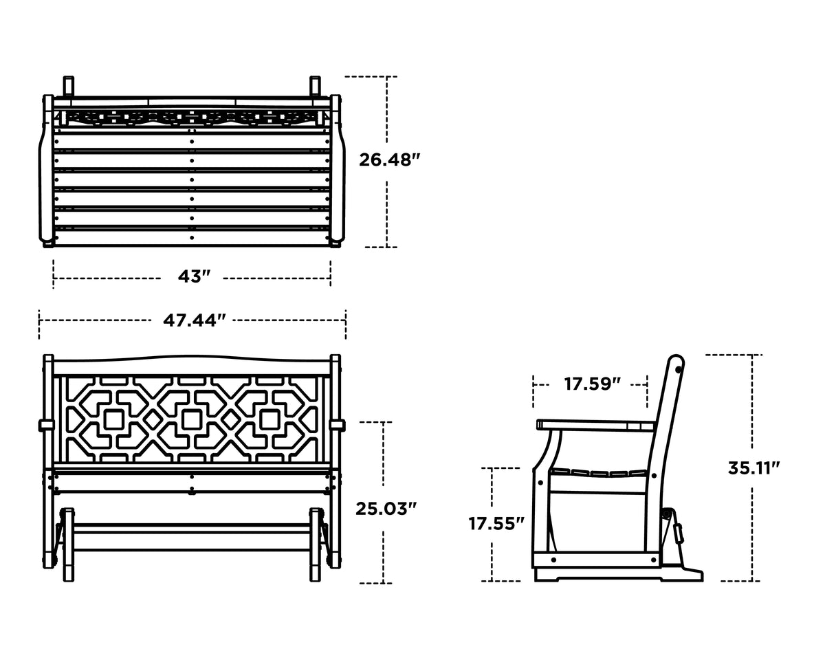 POLYWOOD Chinoiserie 48" Glider dimension drawing with width, depth and height measurements