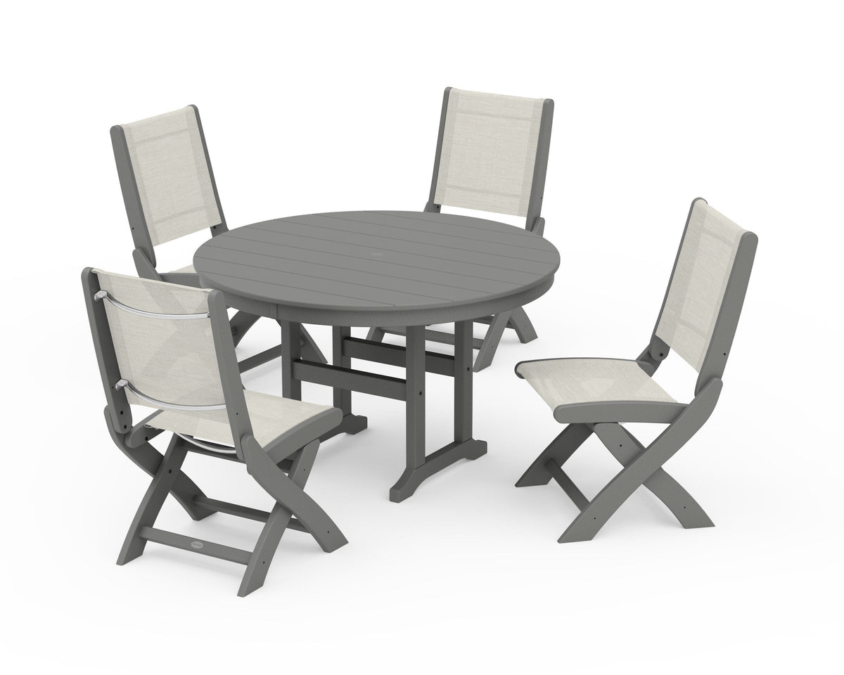 POLYWOOD Coastal Folding Side Chair 5-Piece Round Dining Set in Slate Grey / Parchment
