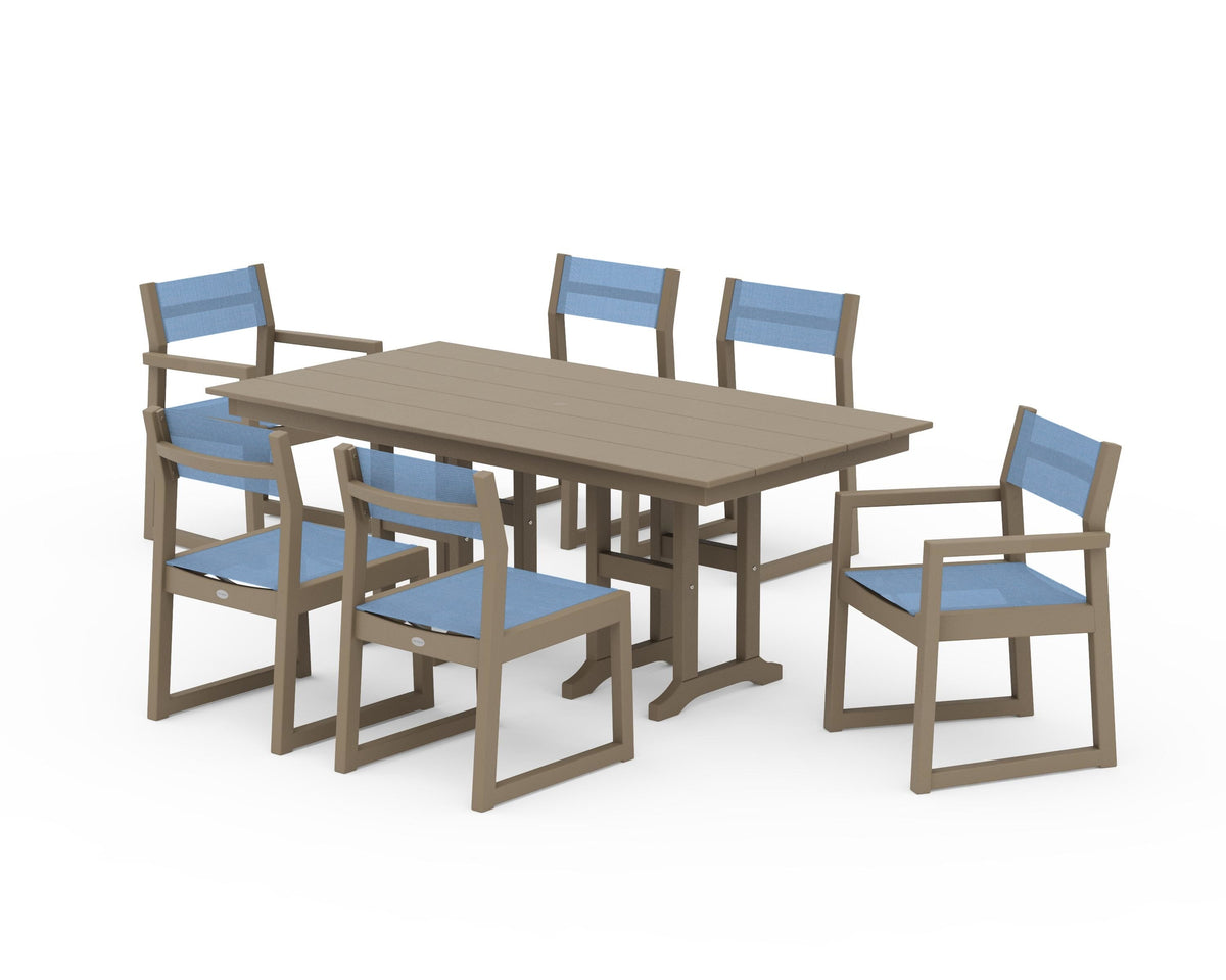 POLYWOOD EDGE Sling 7-Piece Farmhouse Dining Set in Vintage Sahara / Poolside