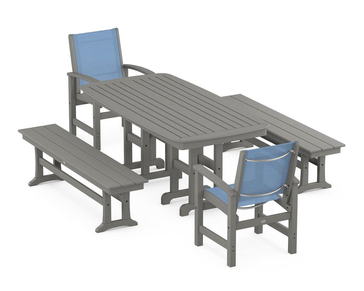 POLYWOOD Coastal 5-Piece Dining Set with Nautical 37" x 72" Dining Table in Slate Grey / Poolside