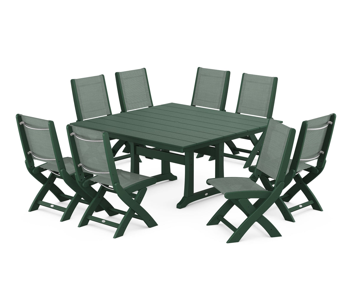 POLYWOOD Coastal Folding Side Chair 9-Piece Farmhouse Dining Set in Green / Dupioni Sea Mist