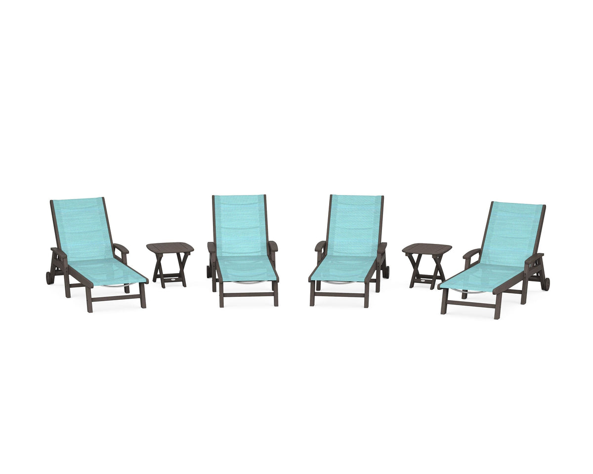 POLYWOOD Coastal Chaise 6-Piece Set with Wheels in Vintage Coffee / Dupioni Aquamarine