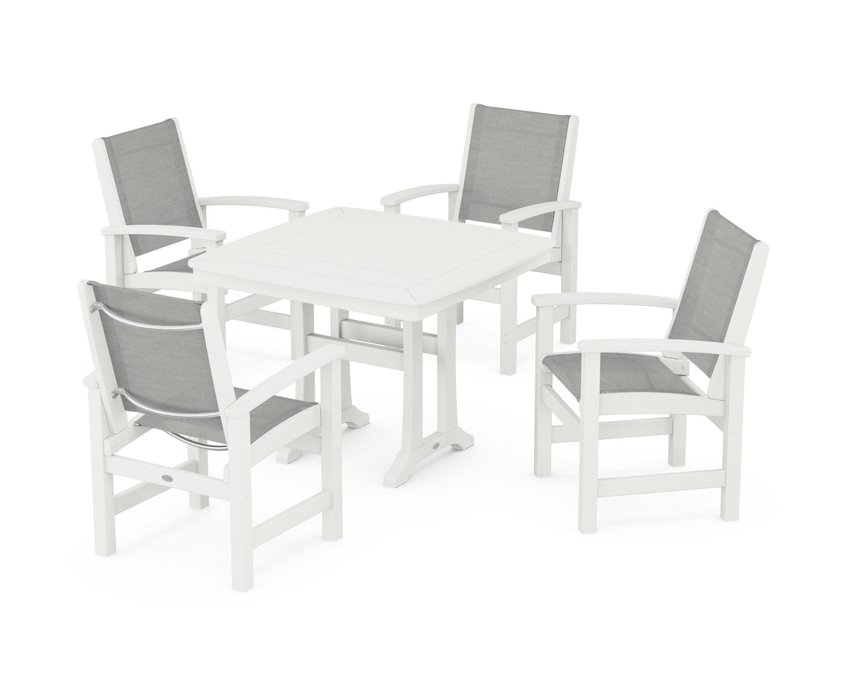 POLYWOOD Coastal 5-Piece Dining Set with Trestle Legs with Nautical Trestle 37" Dining Table in Vintage White / Metallic