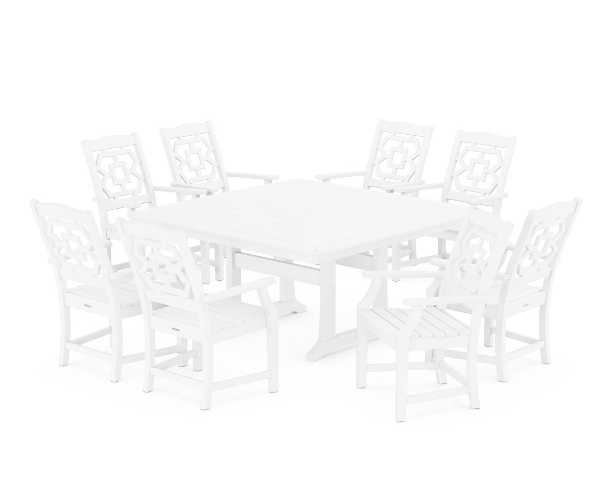POLYWOOD Chinoiserie 9-Piece Square Dining Set with Trestle Legs in White