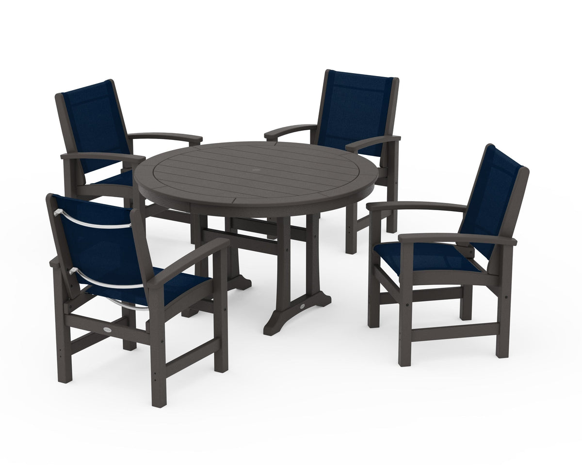 POLYWOOD Coastal 5-Piece Round Dining Set with Trestle Legs in Vintage Coffee / Navy Blue