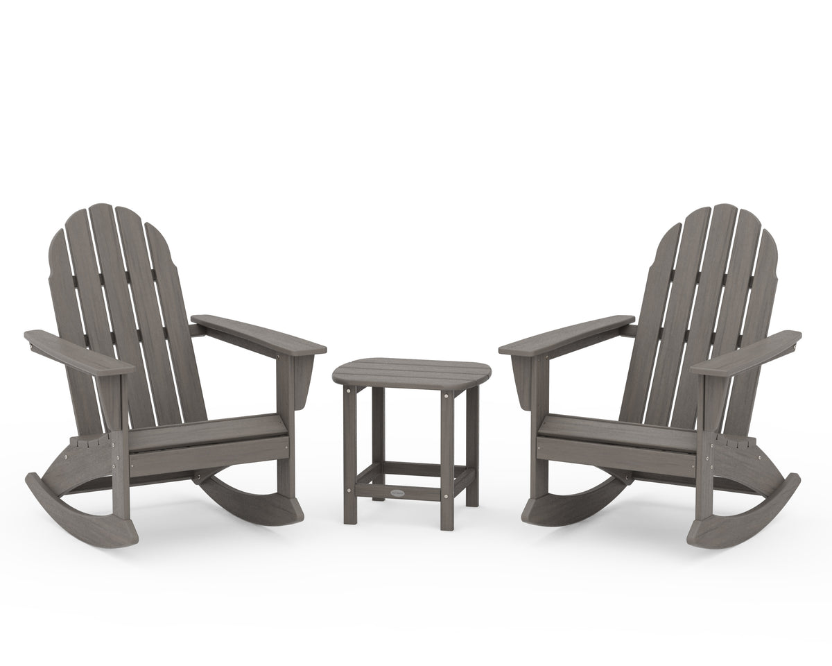 POLYWOOD Vineyard 3-Piece Adirondack Rocking Chair Set with South Beach 18" Side Table in Driftwood