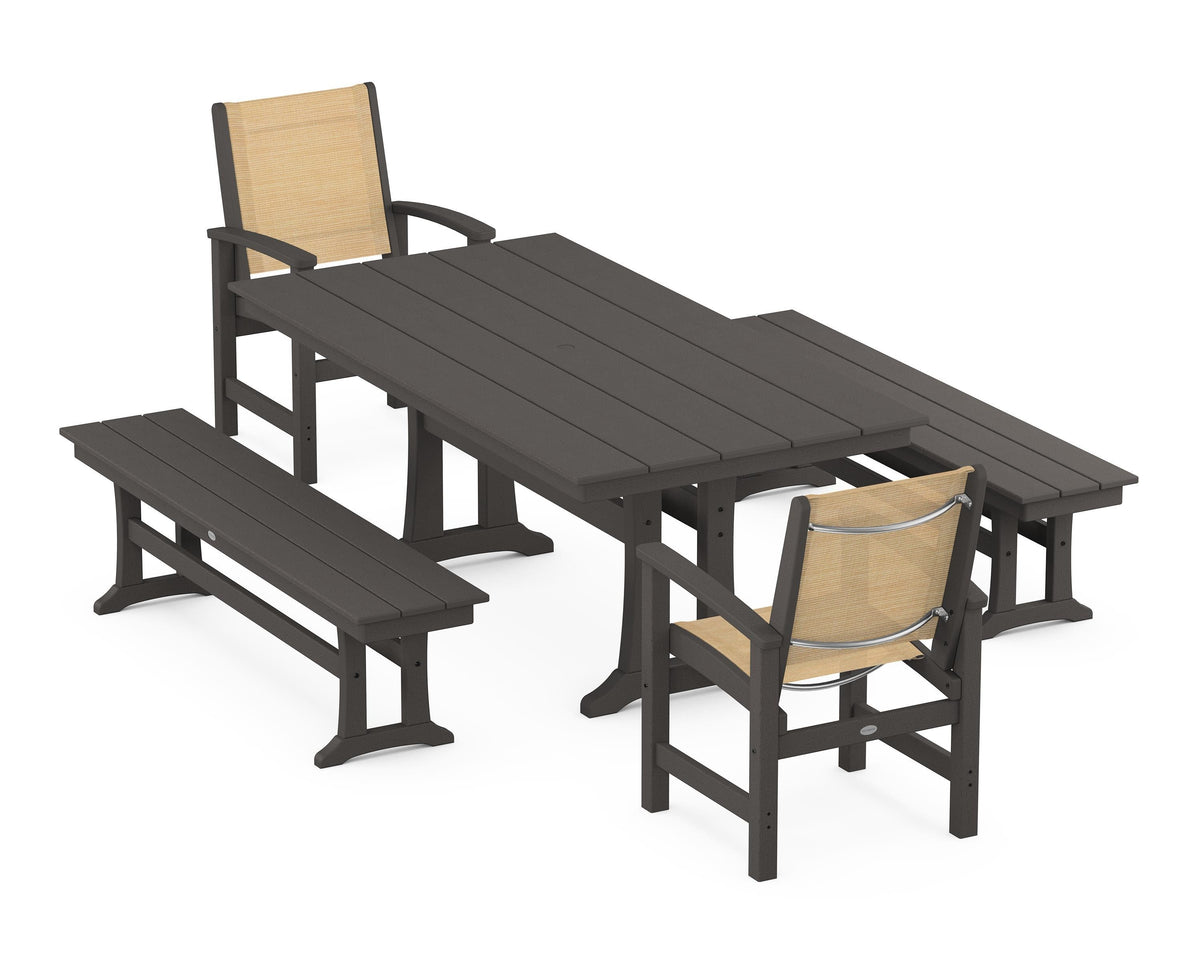 POLYWOOD Coastal 5-Piece Farmhouse Dining Set with Trestle Legs and Benches in Vintage Coffee / Dupioni Apricot
