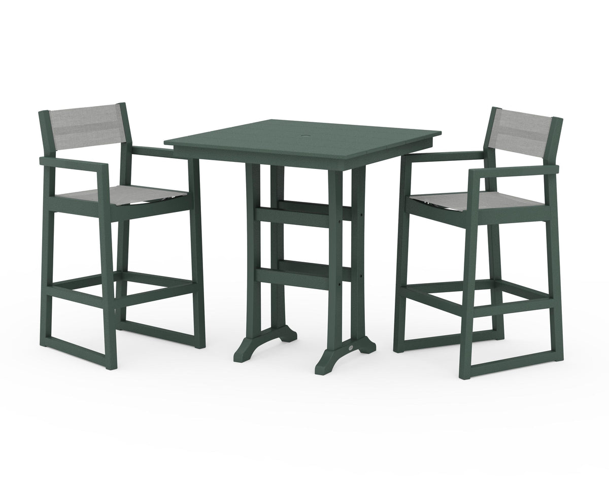 POLYWOOD EDGE Sling Arm Chair 3-Piece Farmhouse Bar Set with Trestle Legs in Green / Metallic