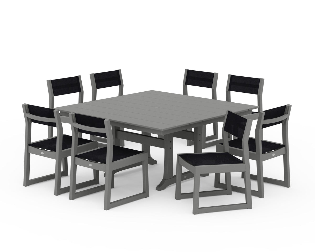 POLYWOOD EDGE Sling Side Chair 9-Piece Farmhouse Trestle Dining Set in Slate Grey / Black