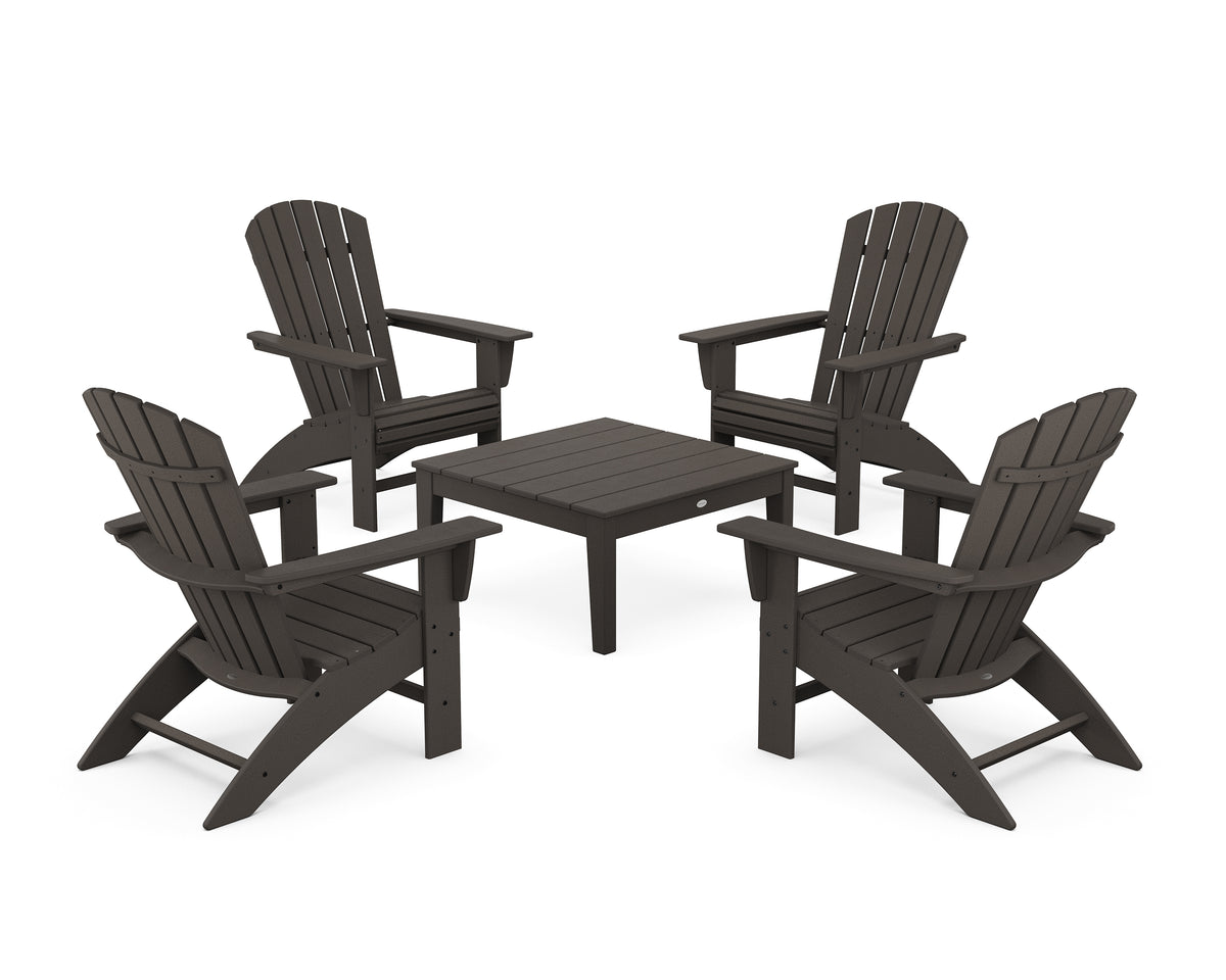 POLYWOOD 5-Piece Nautical Curveback Adirondack Chair Conversation Set with 36" Conversation Table in Vintage Coffee