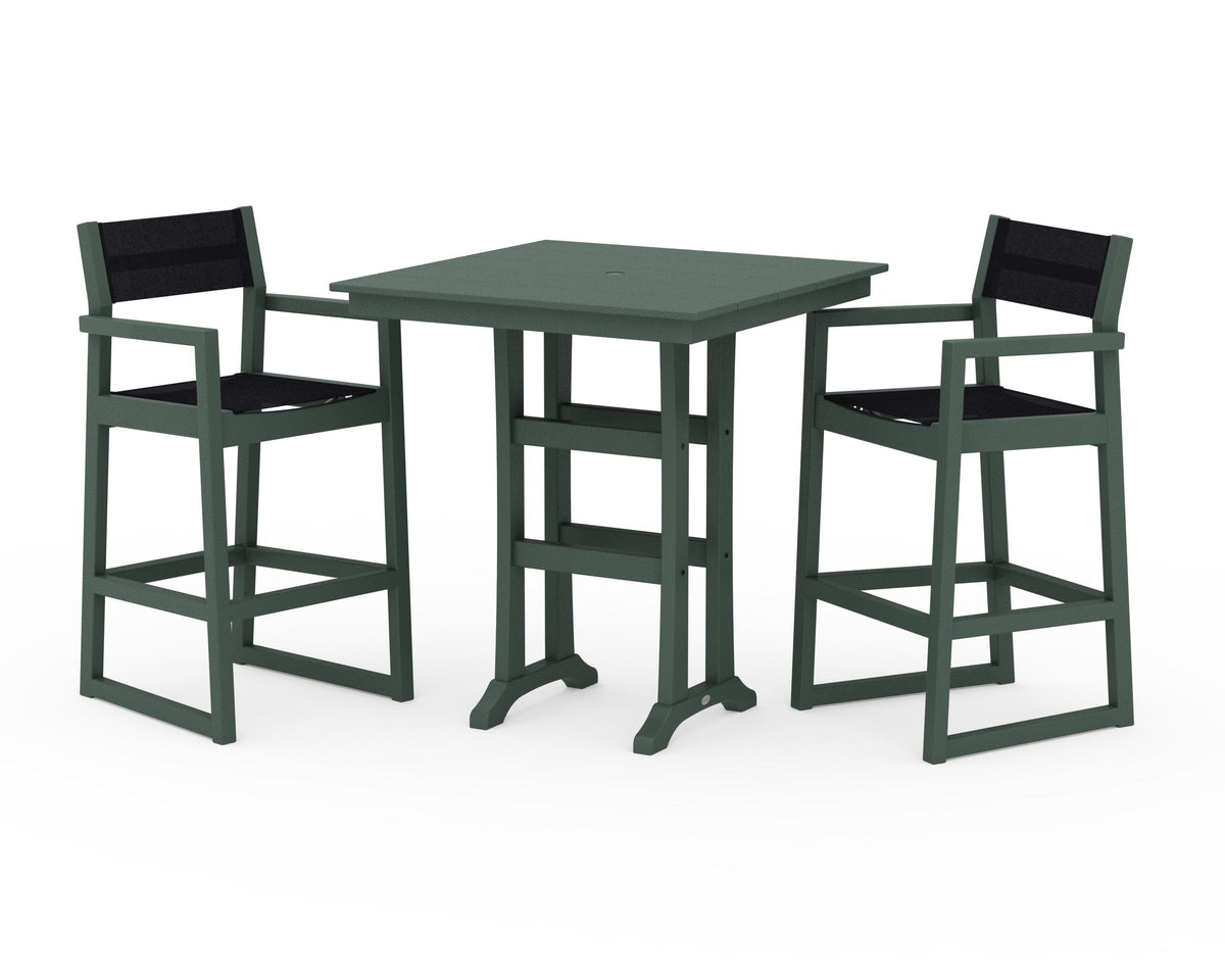 POLYWOOD EDGE Sling Arm Chair 3-Piece Farmhouse Bar Set with Trestle Legs in Green / Black
