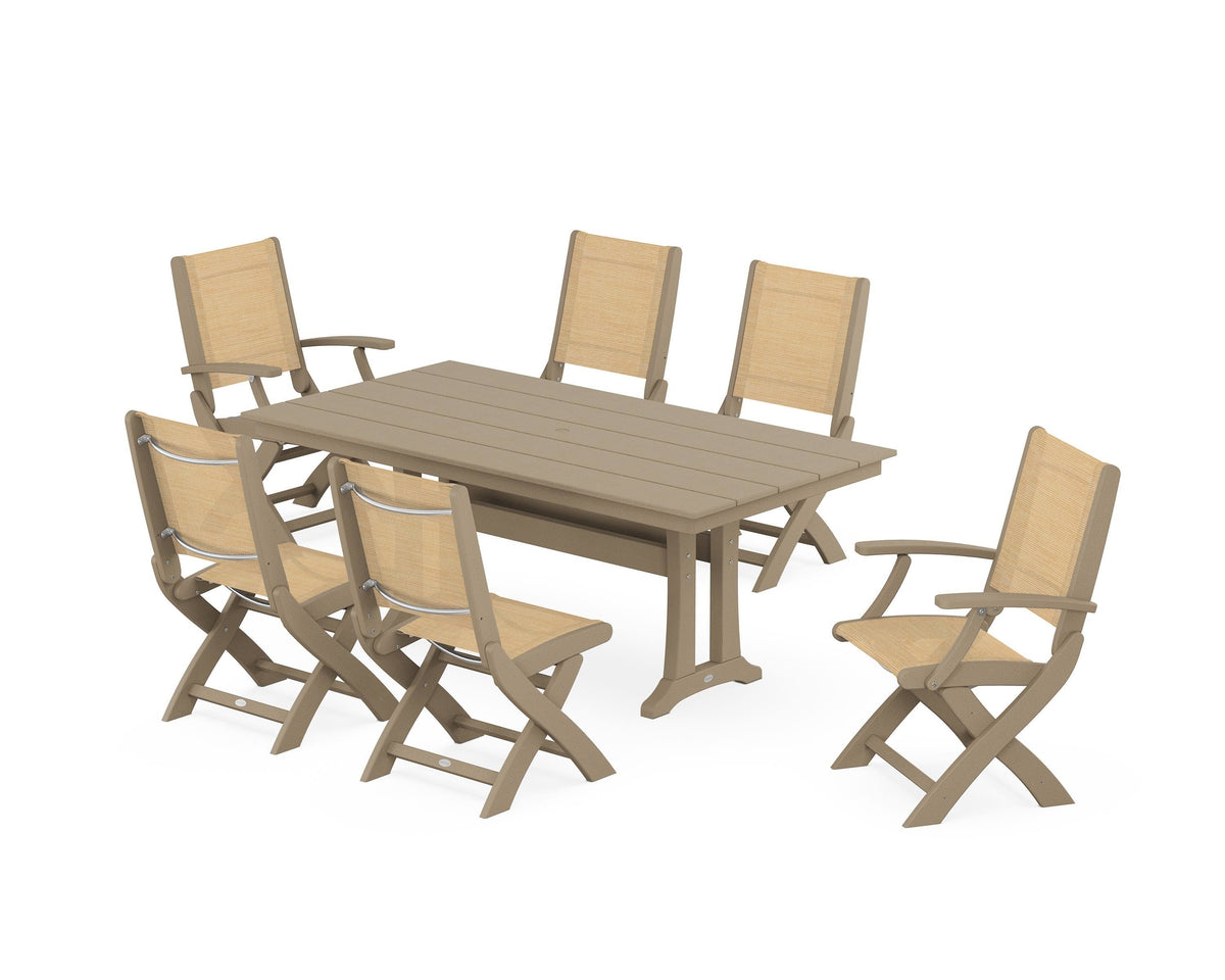 POLYWOOD Coastal Folding Chair 7-Piece Farmhouse Dining Set with Trestle Legs in Vintage Sahara / Dupioni Apricot