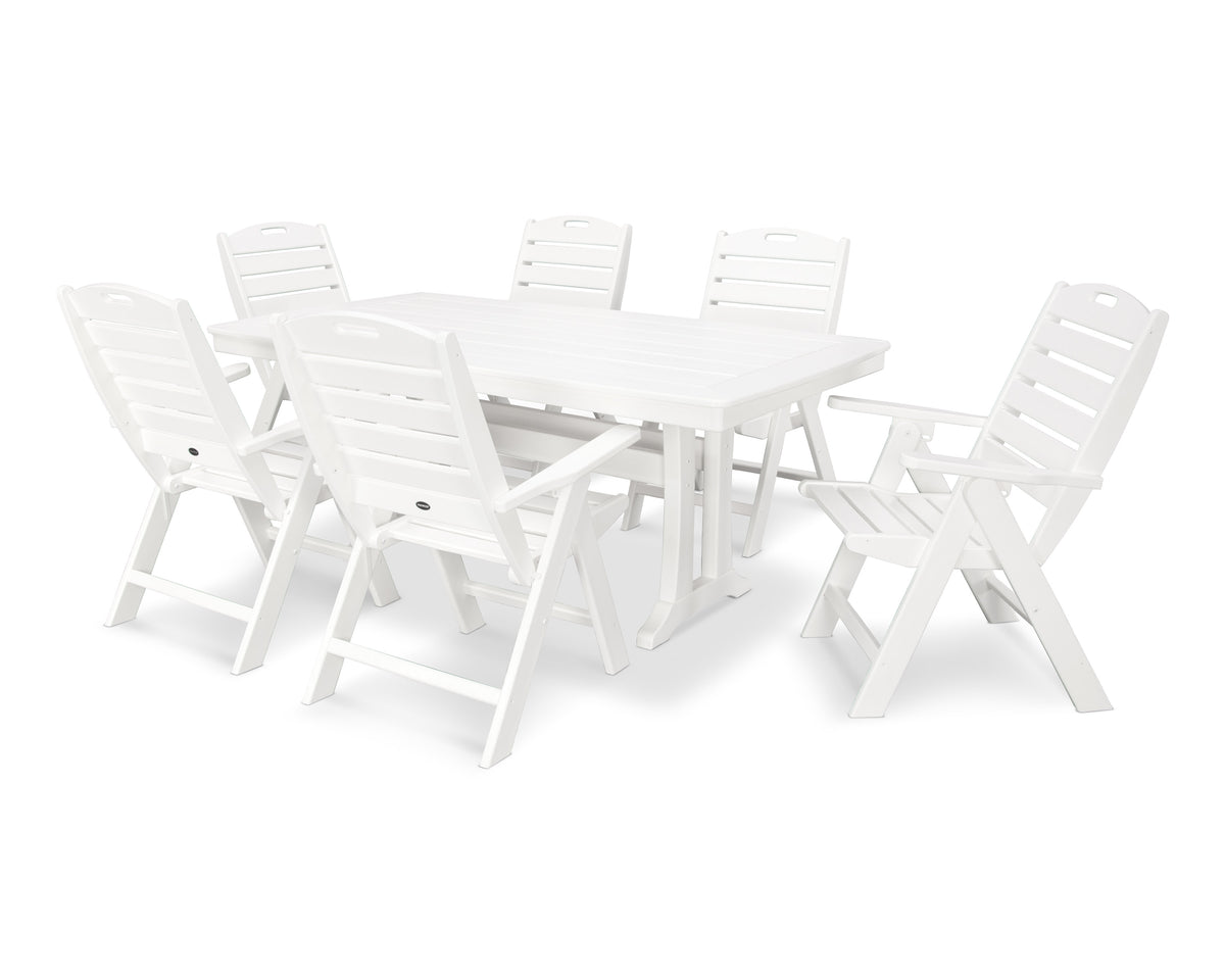 POLYWOOD Nautical Folding Highback Chair 7-Piece Dining Set with Trestle Legs in White