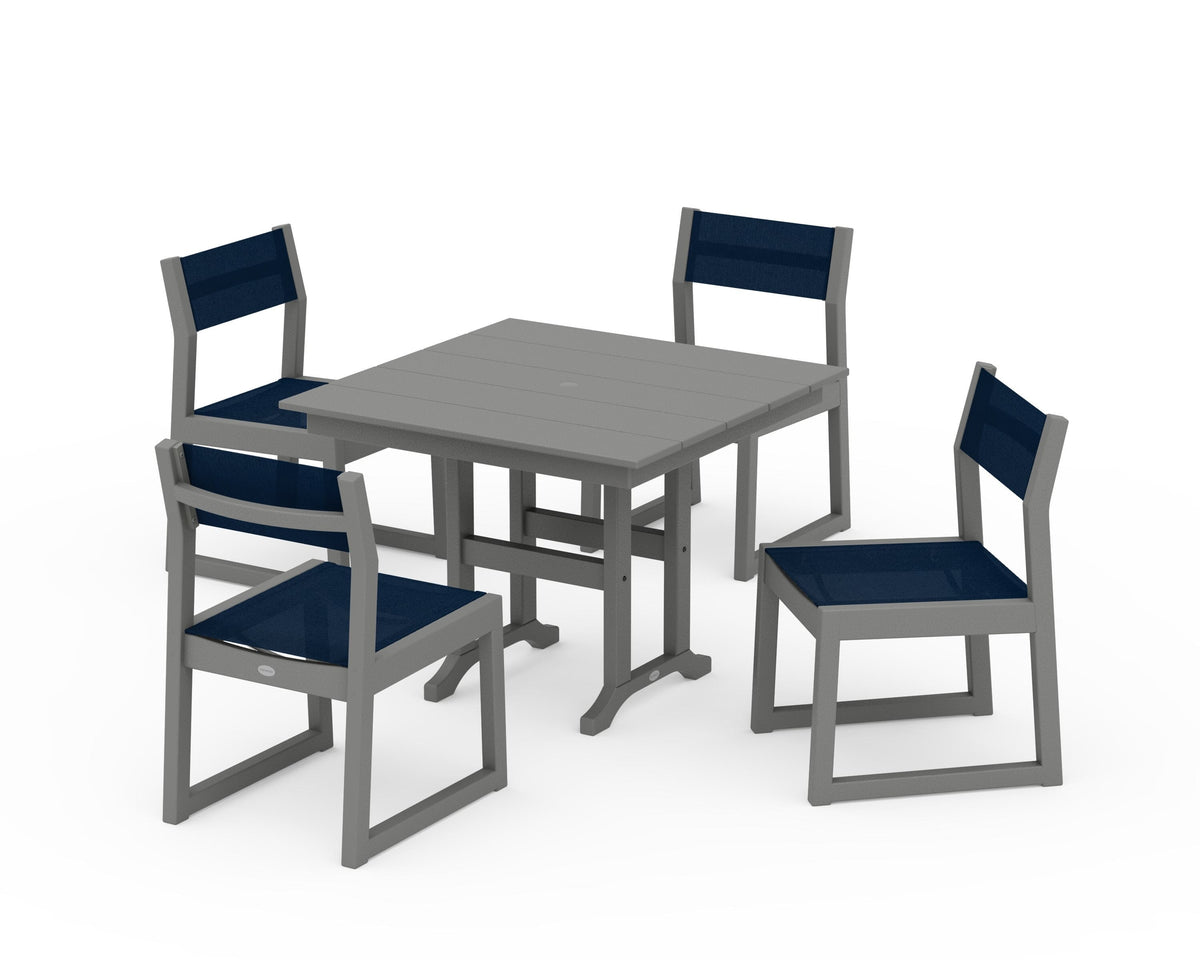 POLYWOOD EDGE Sling Side Chair 5-Piece Farmhouse Dining Set in Slate Grey / Navy Blue
