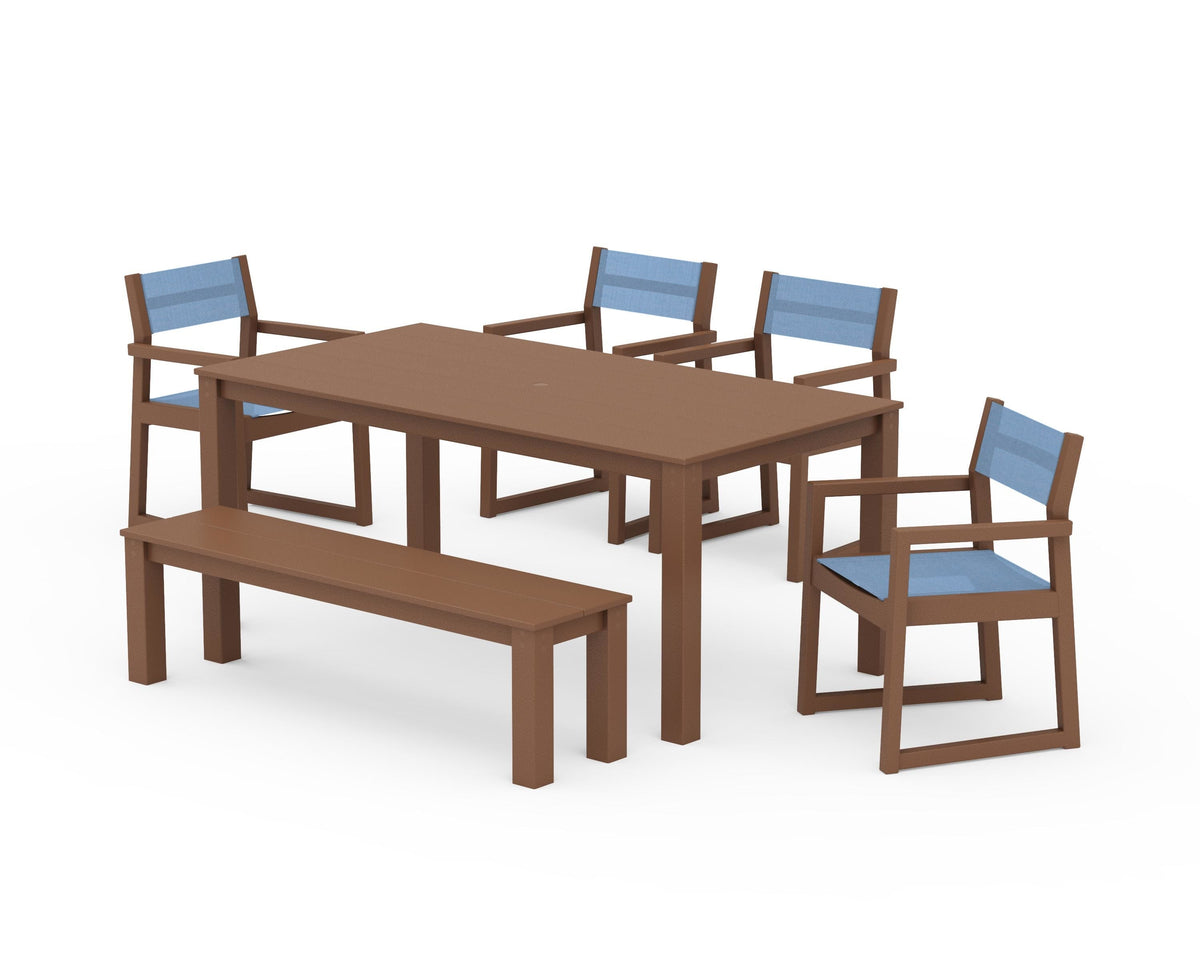 POLYWOOD EDGE Sling Arm Chair 6-Piece Parsons Dining Set with Bench in Teak / Poolside