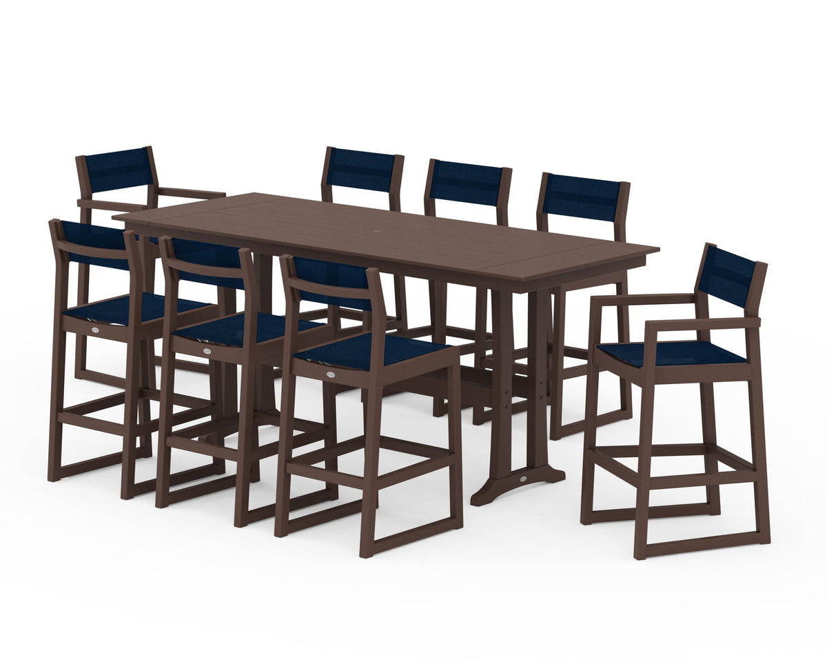 POLYWOOD EDGE Sling 9-Piece Farmhouse Bar Set with Trestle Legs in Mahogany / Navy Blue